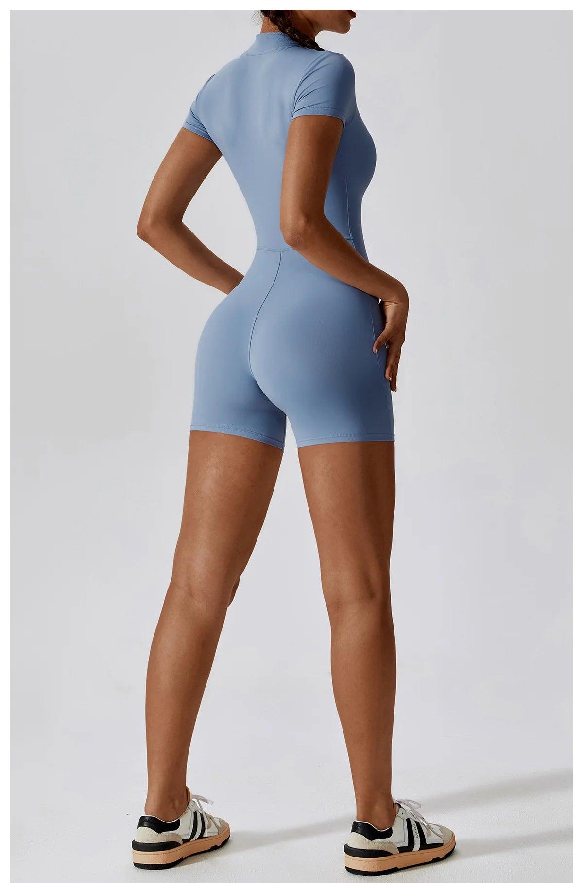 Yoga Set Women's One-Piece Suit Zipper Short Sleeve Gym Push Up Workout Clothes Fitness Short Bodysuit Sportswear Jumpsuits - Empire P.E