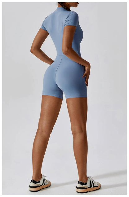 Yoga Set Women's One-Piece Suit Zipper Short Sleeve Gym Push Up Workout Clothes Fitness Short Bodysuit Sportswear Jumpsuits - Empire P.E