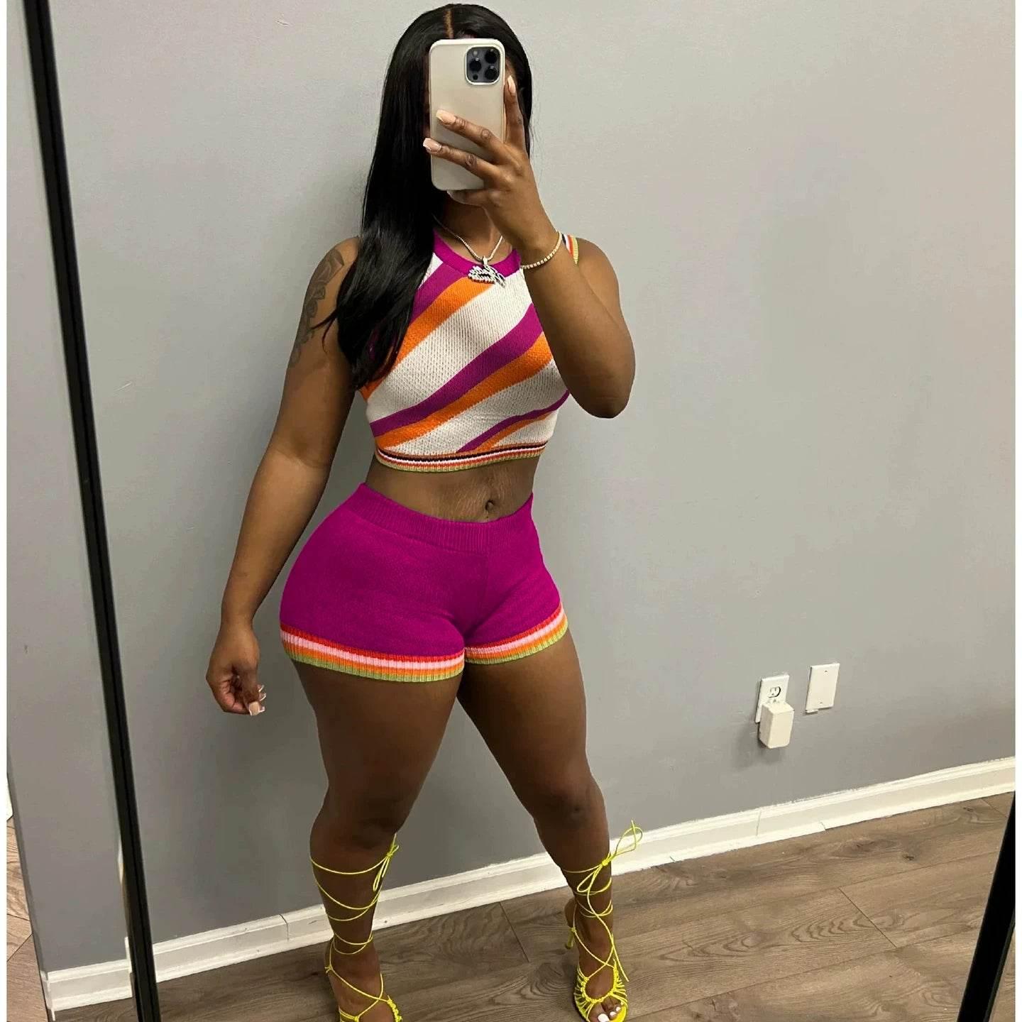 HLJ Fashion Knitted Striped 2 Piece Sets Woman Outfit Slim O-neck Crop Top + Shorts Casual Crochet Tracksuits Female Clothing - Empire P.E