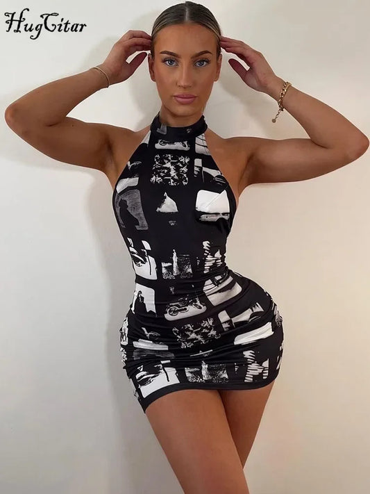 Hugcitar Vintage Print Halter Sleeveless Backless Sexy Slim Bodycon Mini Dress 2023 Summer Y2K Outfit Streetwear Nightclub Biker - Empire P.E