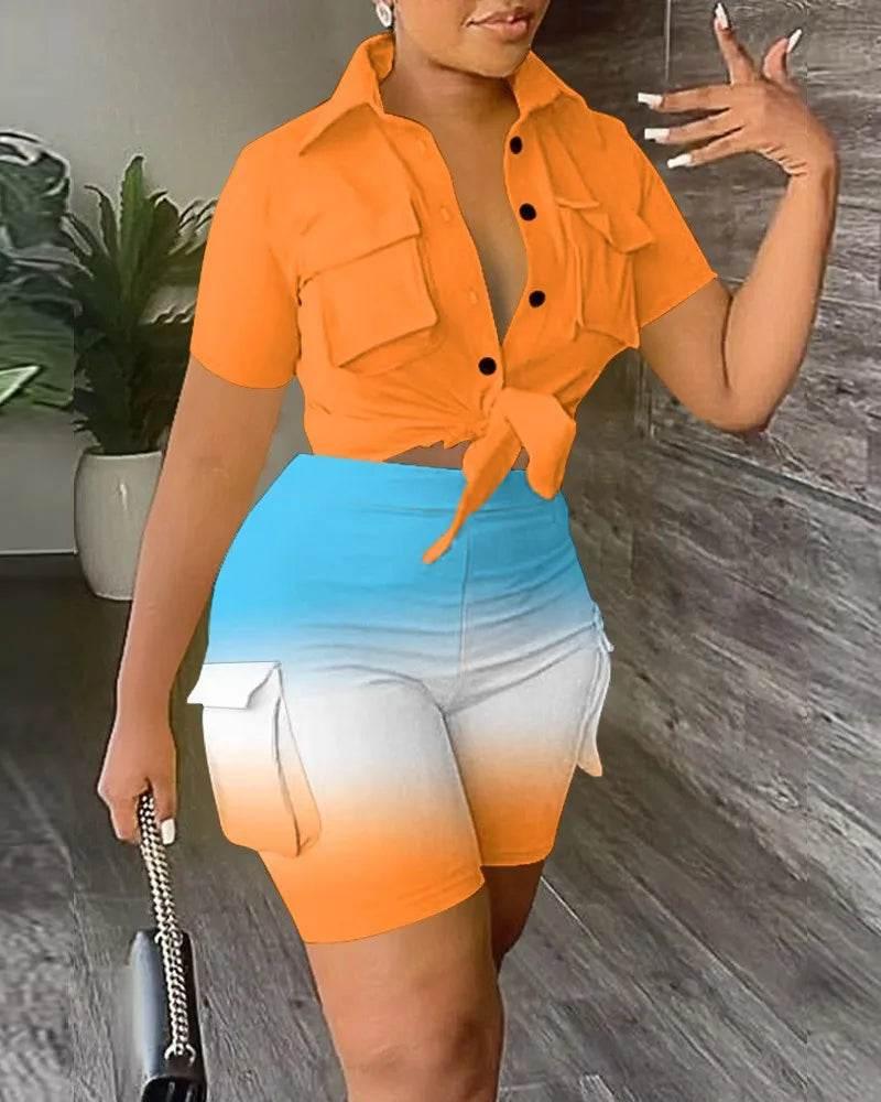Pant Sets Women Printed Short Sleeved Shirt, 2-piece Suit With Pockets, Shoelace Top, Shorts, Thin Handbag, Summer - Empire P.E