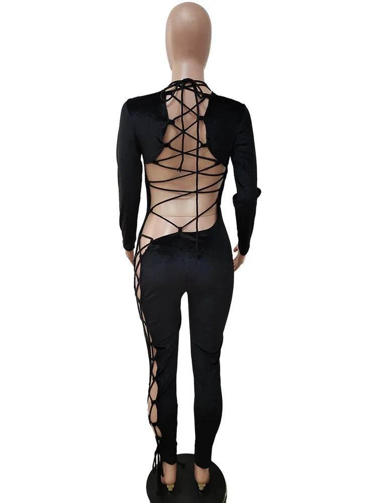 Women Sexy Velvet Lace-up Long Sleeve Backless Skinny Jumpsuit - Empire P.E