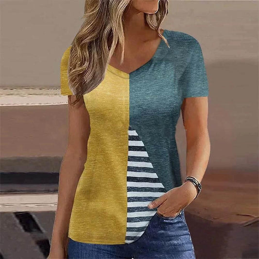Women's T-Shirt Summer Stripe Short Sleeve Tee Shirt Fashion Blue V-Neck Female Clothing Casual New T-Shirt for Women Pullover - Empire P.E