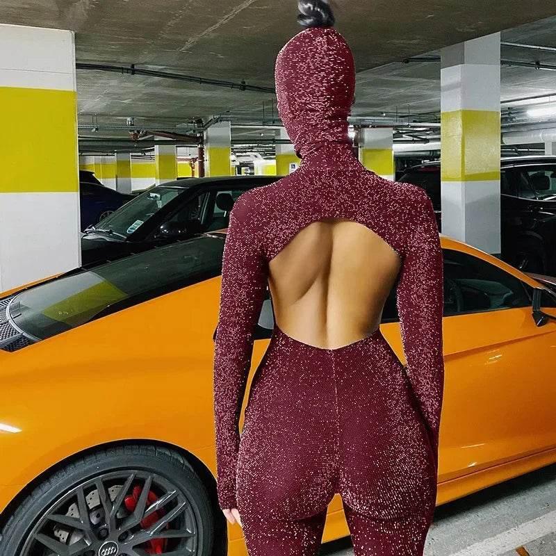 Sequins Silk Jumpsuits With Headwear 2024 Autumn Women Sexy Turtleneck Backless Long Sleeve Skinny Overalls Party Club Rompers - Empire P.E