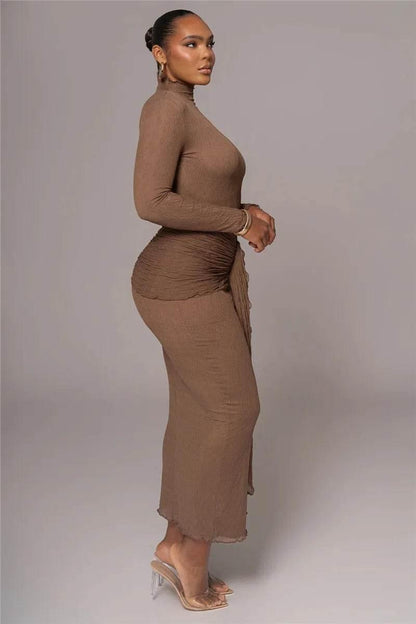 Mozision Elegant Long Sleeve Sexy Maxi Dress For Women Gown Fashion Drape Turtleneck Ruched Bodycon Club Party Long Dress - Empire P.E