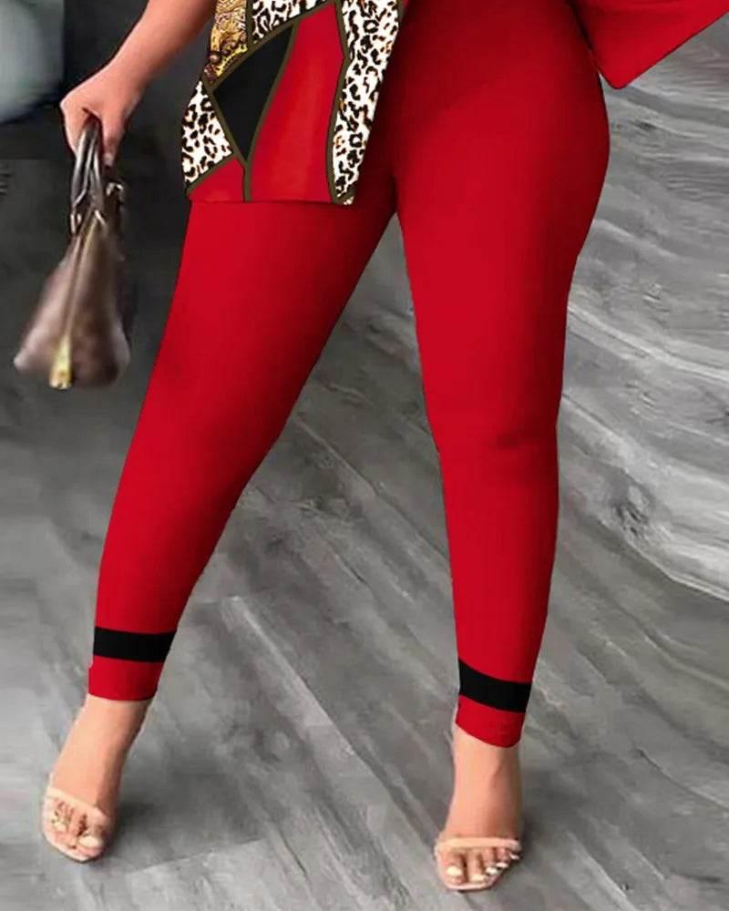 Elegant Women Two Piece Set Suits New Fashion Printed Ruffle Sleeve Top Solid Color Pants Set With Belt Blouses Female Clothing - Empire P.E