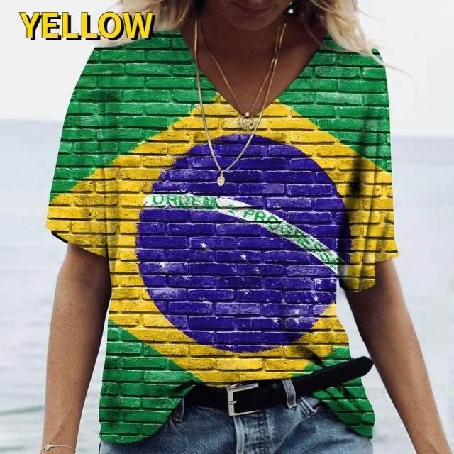 Brasil Shirt Women's T-shirt Brazilian Flag Tops V Neck Casual Short Sleeve Streetwear Tees Harajuku Clothes - Empire P.E