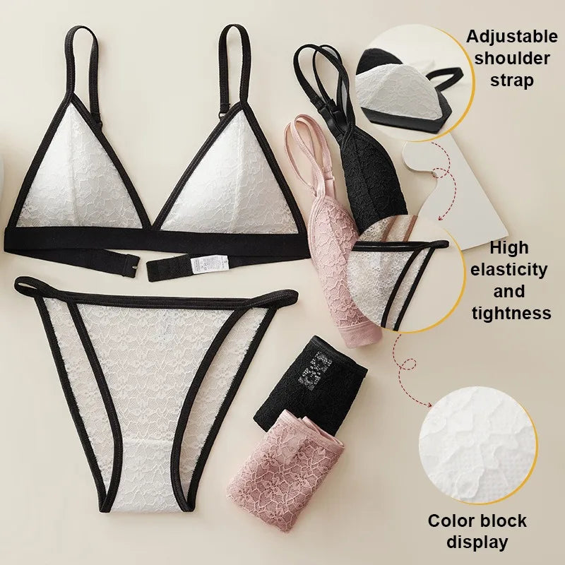 Women Lace Bra And Panties Set Non-wire Bralette Low Waist Panties Transparent Panty Sexy Lingerie 1/3 Cup Underwear Set - Empire P.E