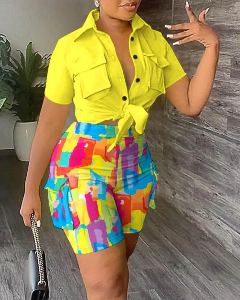 Pant Sets Women Printed Short Sleeved Shirt, 2-piece Suit With Pockets, Shoelace Top, Shorts, Thin Handbag, Summer - Empire P.E
