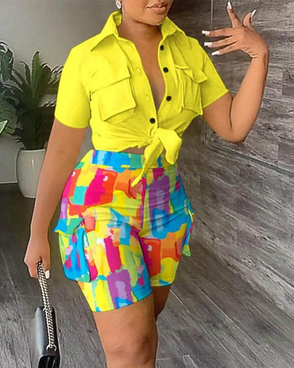 Pant Sets Women Printed Short Sleeved Shirt, 2-piece Suit With Pockets, Shoelace Top, Shorts, Thin Handbag, Summer - Empire P.E