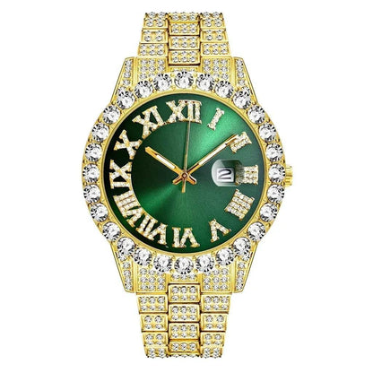 Watch Bracelet Set Hip Hop Stainless Steel Gold Color Calendar Watch for Men Iced Out Paved Rhinestones Men Watch Reloj Hombre - Empire P.E