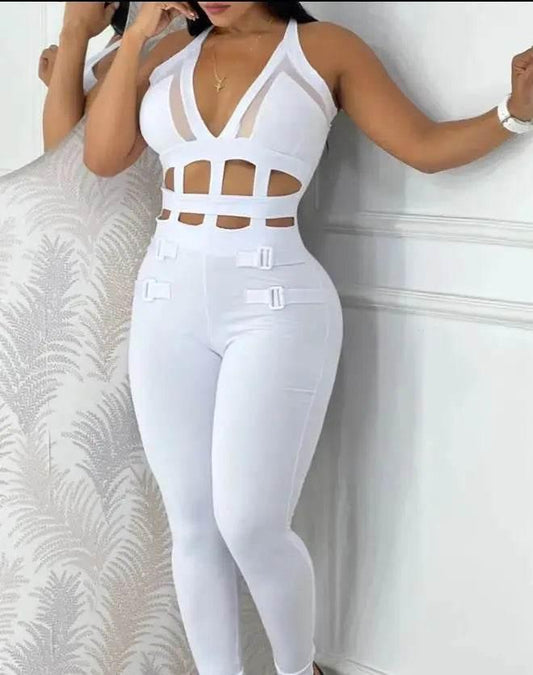 Women's jumpsuit 2025 summer new sleeveless new fashionable hollow camisole buckle comparison mesh tight jumpsuit - Empire P.E