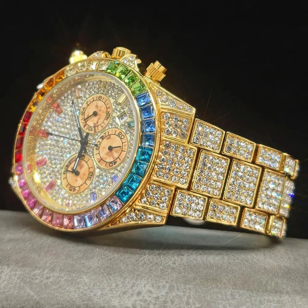 Men's Hip Hop Rainbow Diamond Shiny Jewelry Fashion Gold Watch