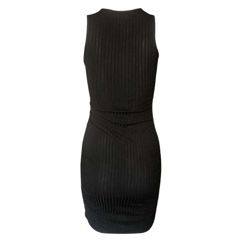 Sexy Stripes Thread Knitting Slim Bodycon Dress Women Sleeveless Solid Color Skinny Mini Dress Elegant Club Party Vestidos - Empire P.E