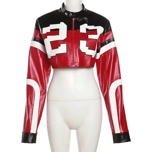 Streetwear Fashion Women Faux Leather New Jacket Letter Print Autumn Casual Sporty Wild Streetwear Uniform Trend Lady Crop Coat - Empire P.E