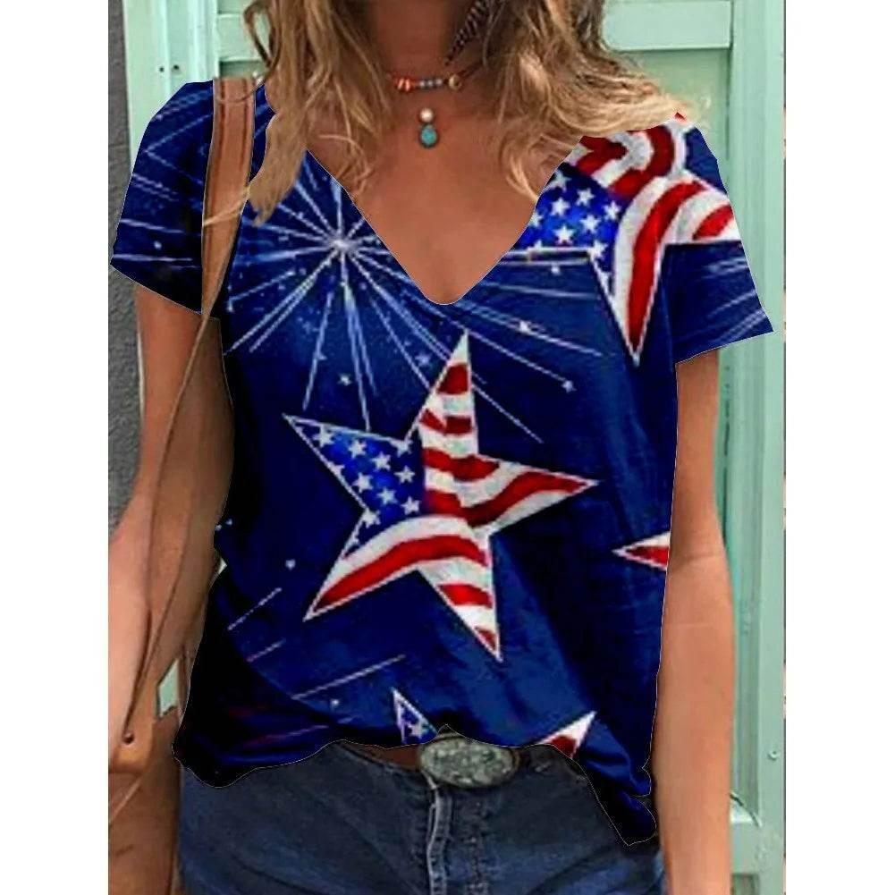 Fashion Women's T Shirt USA Flag Print Harajuku T-shirt Summer 2023 Top Kawaii Tees V Neck Pluse Size American Lady Y2k Clothing - Empire P.E