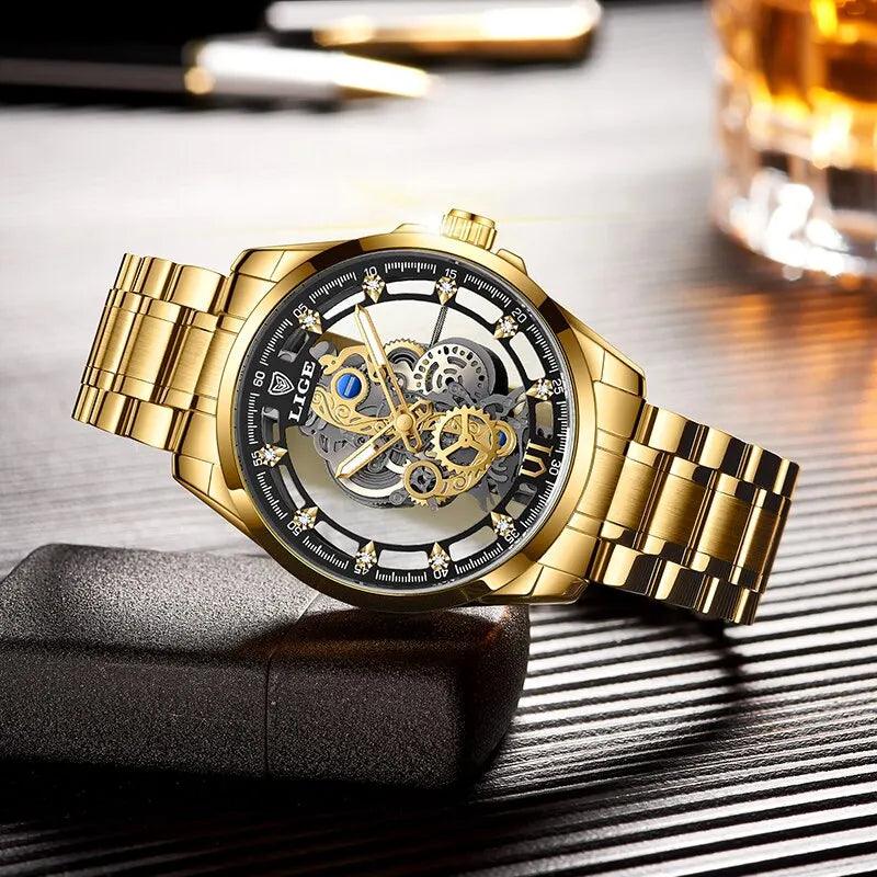 LIGE New Men Watch Skeleton Quartz Wristwatch Gold - Empire P.E