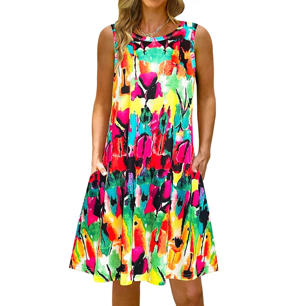 S-5Xl Colorful Printed O Neck Long Dress - Empire P.E