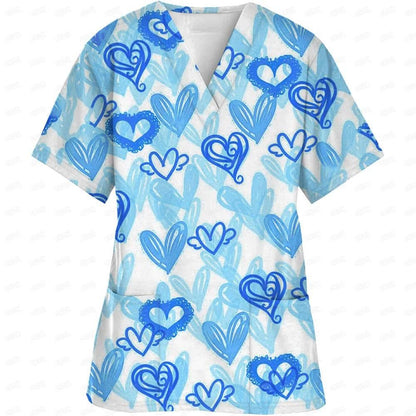 Women Easter Day Nurse Uniform Cartoon Print Short Sleeve V Neck - Empire P.E