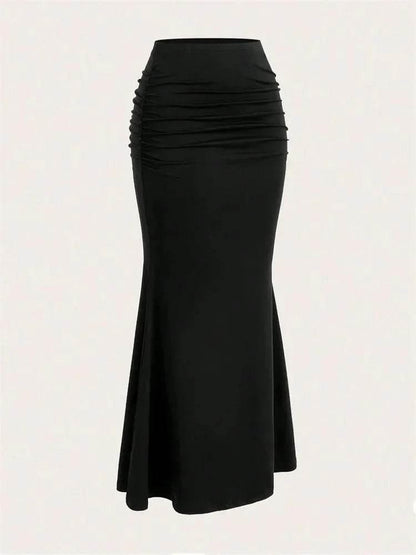 Solid Bodycon Ruched Long Skirt Women Sexy Black Elastic Elegant High Waist Mermaid Maxi Skirts Summer Streetwear 2024 - Empire P.E
