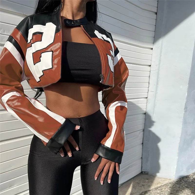 Streetwear Fashion Women Faux Leather New Jacket Letter Print Autumn Casual Sporty Wild Streetwear Uniform Trend Lady Crop Coat - Empire P.E