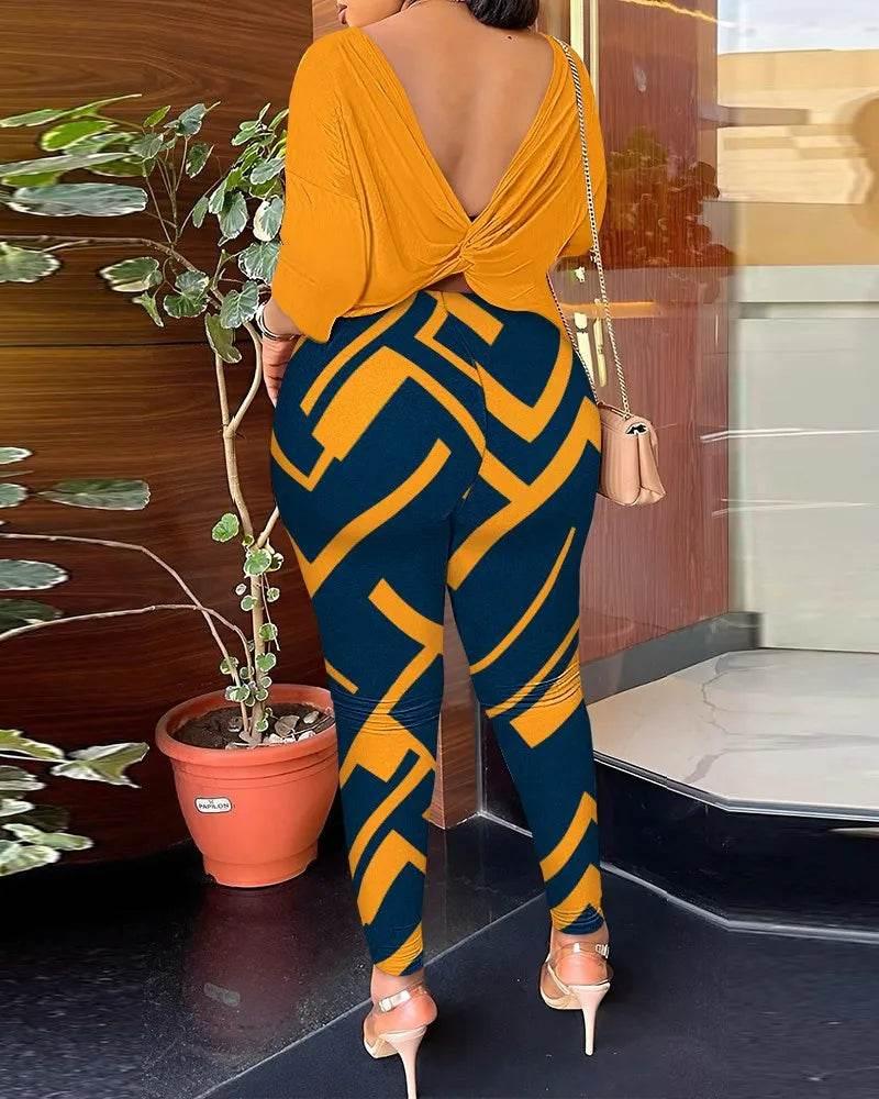 Autumn Women's New Fashion Printed Suit Round Neck Sexy Backless Quarter-sleeved Trousers Casual And Comfortable Two-piece Set - Empire P.E