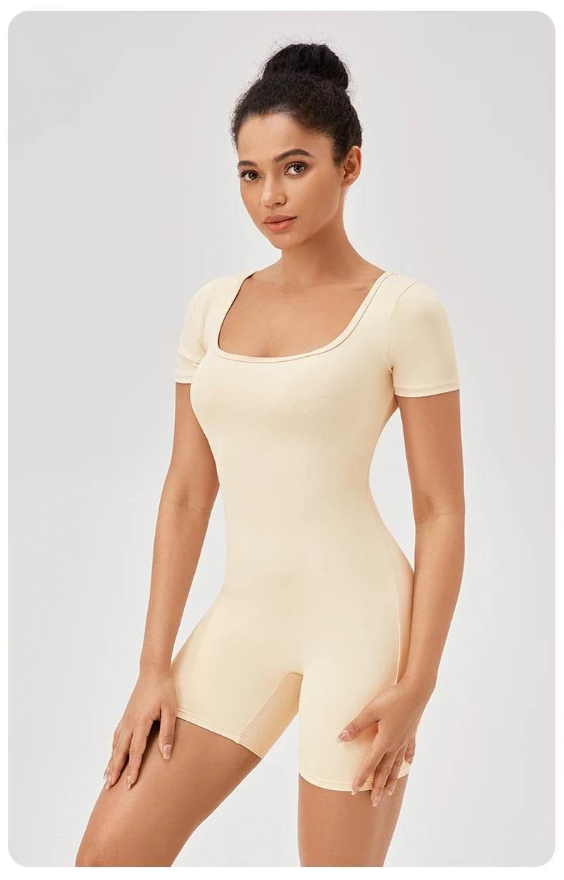 Fashion Women Yoga Suit Short Sleeve Gym Sports Jumpsuit Solid Color Workout Yoga Bodysuit Square Neck Yoga Set Sportswear - Empire P.E