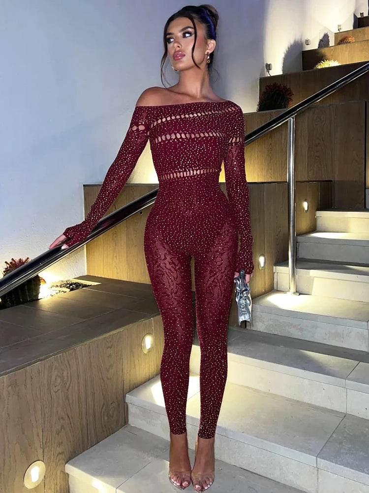 Sibybo Off Shoulder Long Sleeve Jumpsuits Women Fashion Rhinestones High Stretch Hollow Out Sexy Overalls Sparkly Party Rompers - Empire P.E