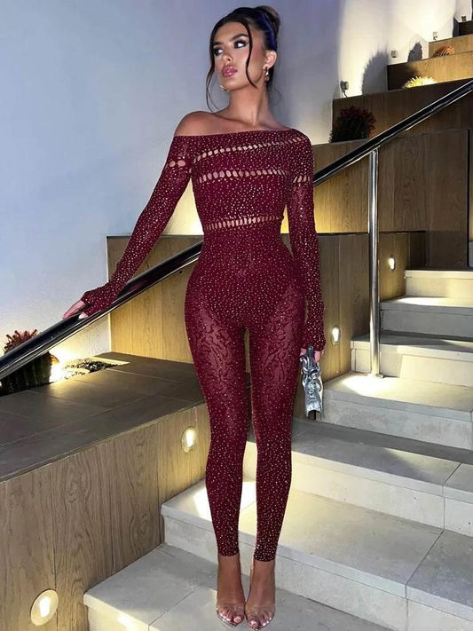 Sibybo Off Shoulder Long Sleeve Jumpsuits Women Fashion Rhinestones High Stretch Hollow Out Sexy Overalls Sparkly Party Rompers - Empire P.E