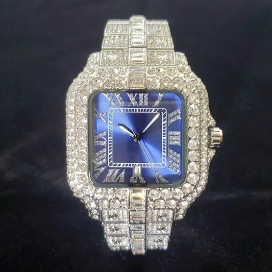 Luxury Diamond Watch Men Hip Hop Bling Iced Out Quartz Watches Fashion Blue Dial Silver Shiny Party Jewelry Relojes Dropshipping - Empire P.E