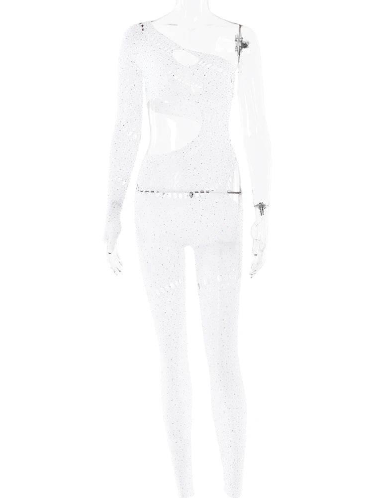 Sibybo Sexy Single Rotator Cuff Hollow Out High Elastic Jumpsuit Luminous Rhinestones Solid Color Trousers Spicy Girl Streetwear - Empire P.E