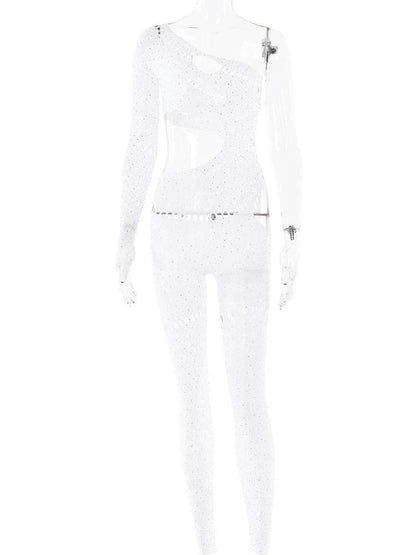 Sibybo Sexy Single Rotator Cuff Hollow Out High Elastic Jumpsuit Luminous Rhinestones Solid Color Trousers Spicy Girl Streetwear - Empire P.E