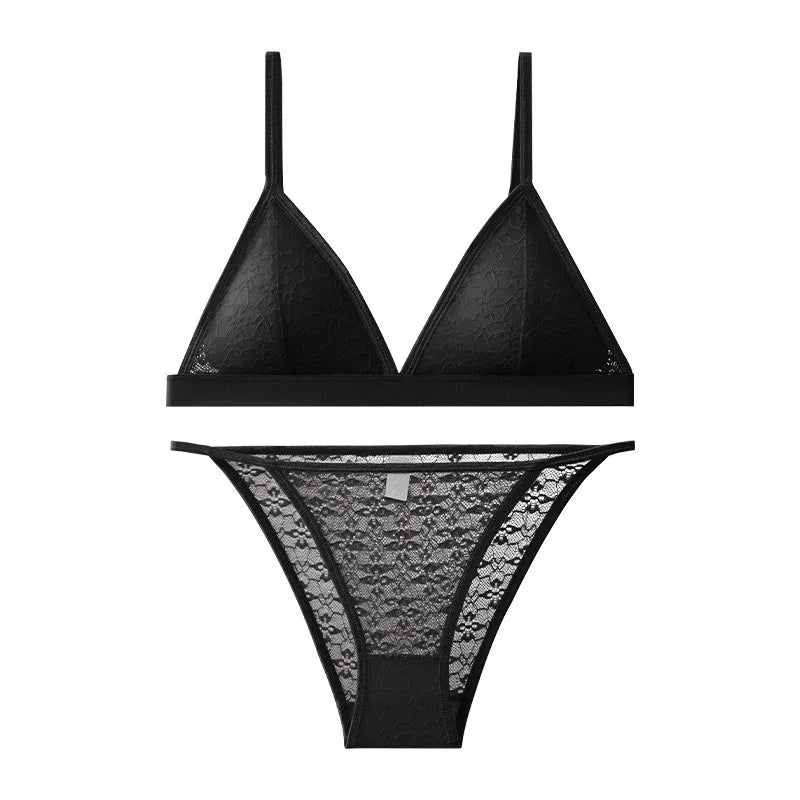 Women Lace Bra And Panties Set Non-wire Bralette Low Waist Panties Transparent Panty Sexy Lingerie 1/3 Cup Underwear Set - Empire P.E