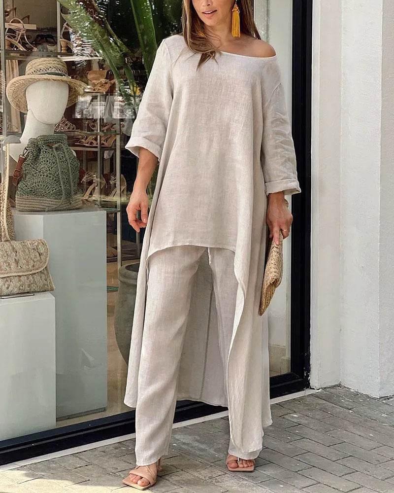 Women's Cotton Linen Long Pants Sets Fashion Solid Casual Irregular Tops Wide Leg Pant Suits Office Lady Two Piece Sets Clothes - Empire P.E