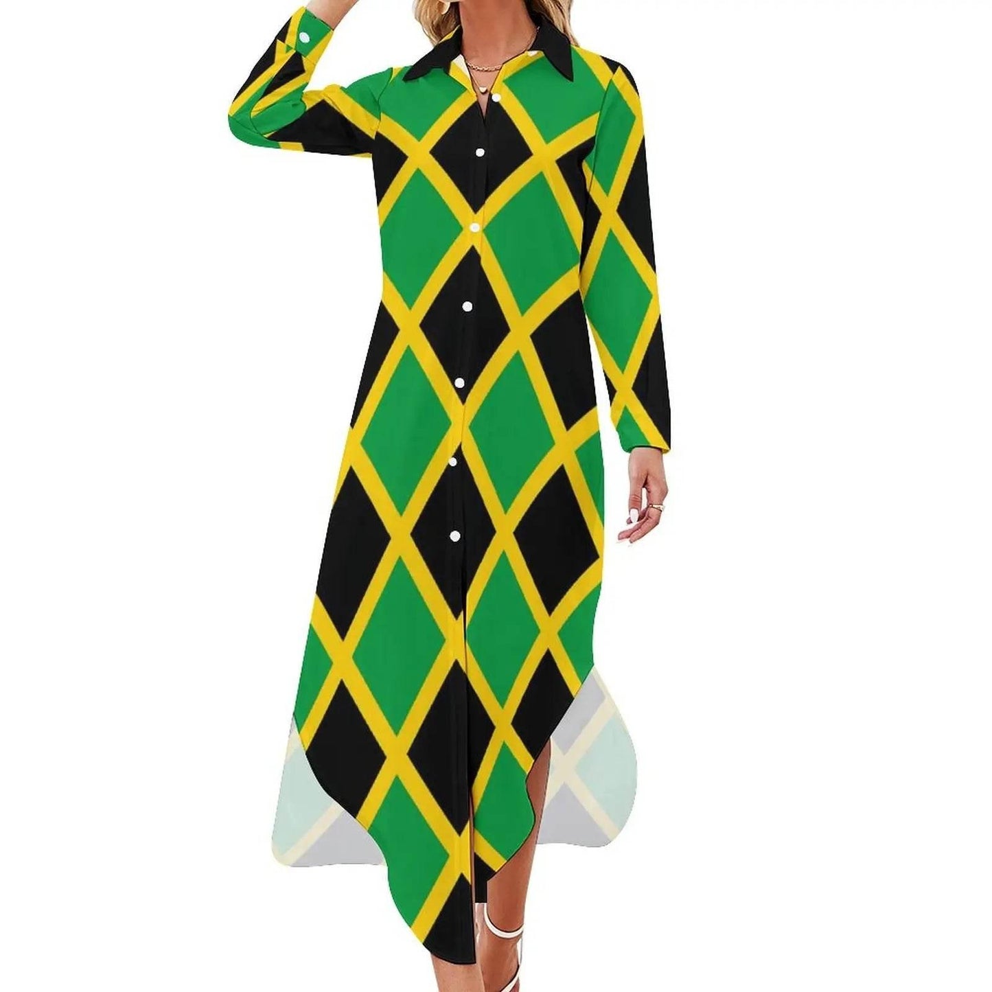 Patriotic Jamaica Flag Chiffon Dress Sexy V Neck Green Yellow Pretty Dresses Ladies Street Wear Casual Dress Gift - Empire P.E