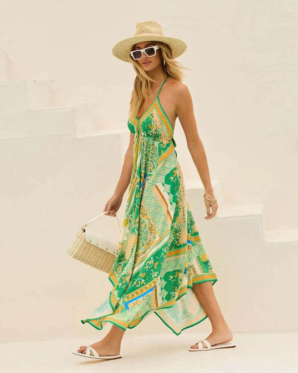 Women's Summer V-neck Halter Bohemian Floral Long Dress,Women Clothing,Red Dress,Sexy Dress Women,Sundress,Beach Dresses - Empire P.E