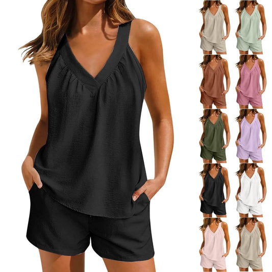 Women'S Summer Casual Suit New Urban Casual Women'S Solid Color Sleeveless Vest Elastic Shorts Home Clothes Two-Piece Set - Empire P.E