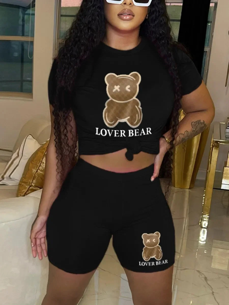 plus size cartoon bear print hooded sweater+woolen pants set