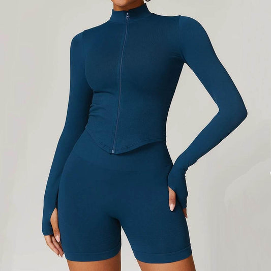 Women Seamless Zipper Jacket Yoga Long Sleeved Gym Top Ribbed Yoga Stand Collar Jacket Running Workout Sport Coat Women's Shirts - Empire P.E