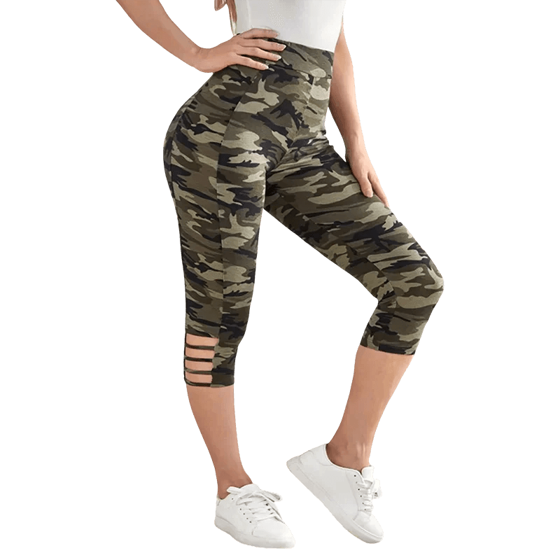 Plus Size Women's Camo Capri Leggings with Side Stripe Cutouts Stylish High Elasticity Knit Sporty Fashionable Casual Pants - Empire P.E