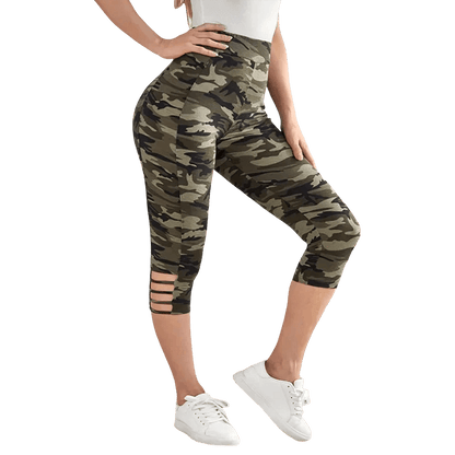 Plus Size Women's Camo Capri Leggings with Side Stripe Cutouts Stylish High Elasticity Knit Sporty Fashionable Casual Pants - Empire P.E