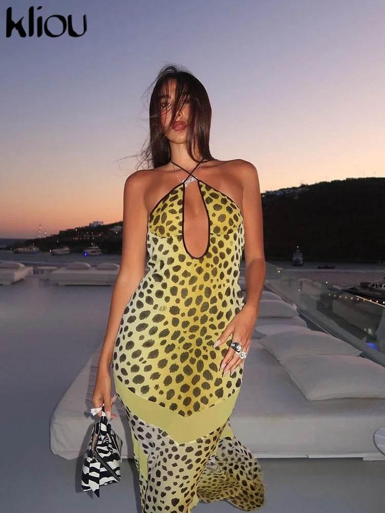 kliou Point Print Irregularly Maxi Dress Women Cross Halter Bandage Hollow Backless Fashion Vestidos Female Evening Party Wear - Empire P.E