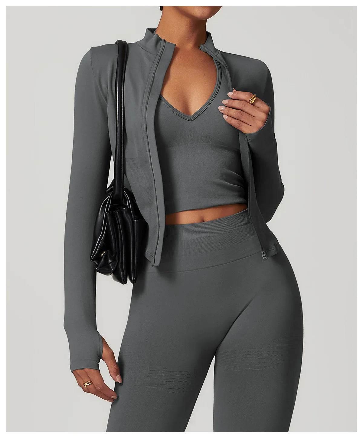 Women Seamless Zipper Jacket Yoga Long Sleeved Gym Top Ribbed Yoga Stand Collar Jacket Running Workout Sport Coat Women's Shirts - Empire P.E