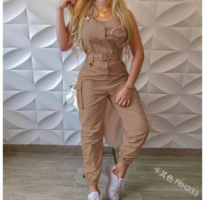 Autumn Women's Clothing Bodysuit Jumpsuit 2023 Simple Zipper Cargo High Waisted Conjoined Body Pants Sleeveless Strap Trousers - Empire P.E