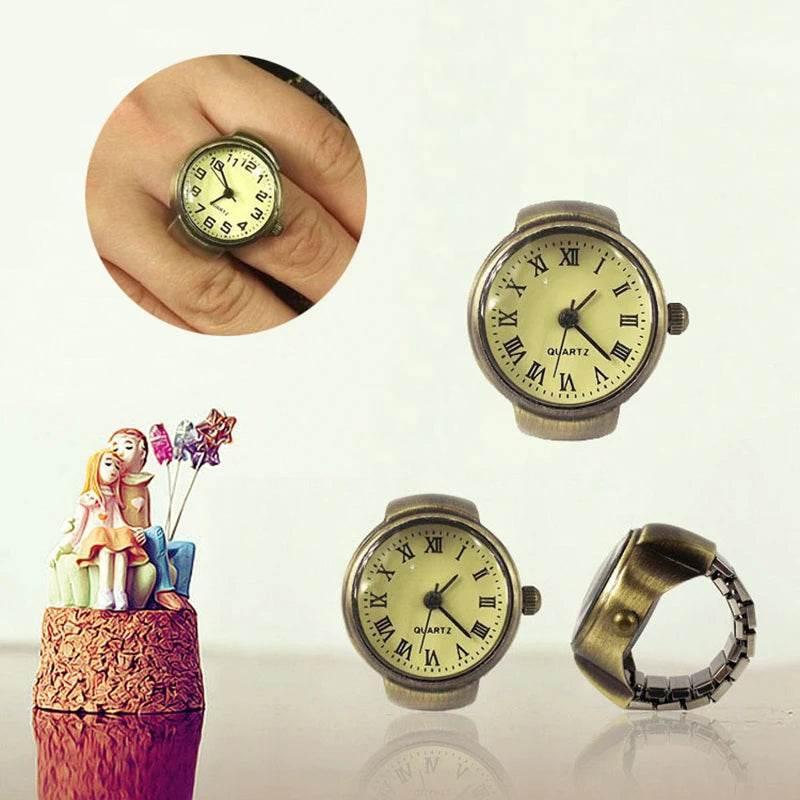 Vintage Punk Finger Watch Mini Elastic Strap Alloy Watches Couple Rings Jewelry Clock Retro Roman Quartz Watch Rings Women Men - Empire P.E