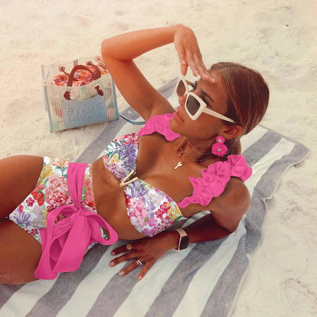 Two-Pieces Women Floral 2025 Push-Up Padded Bra Ruffles Bandage Bikini Set