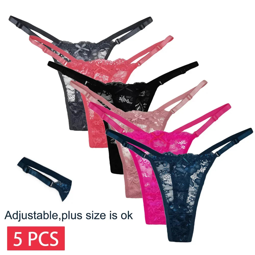 5 PCS/Set Adjust Waistband Sexy Lace Thongs Women Solid Color - Empire P.E