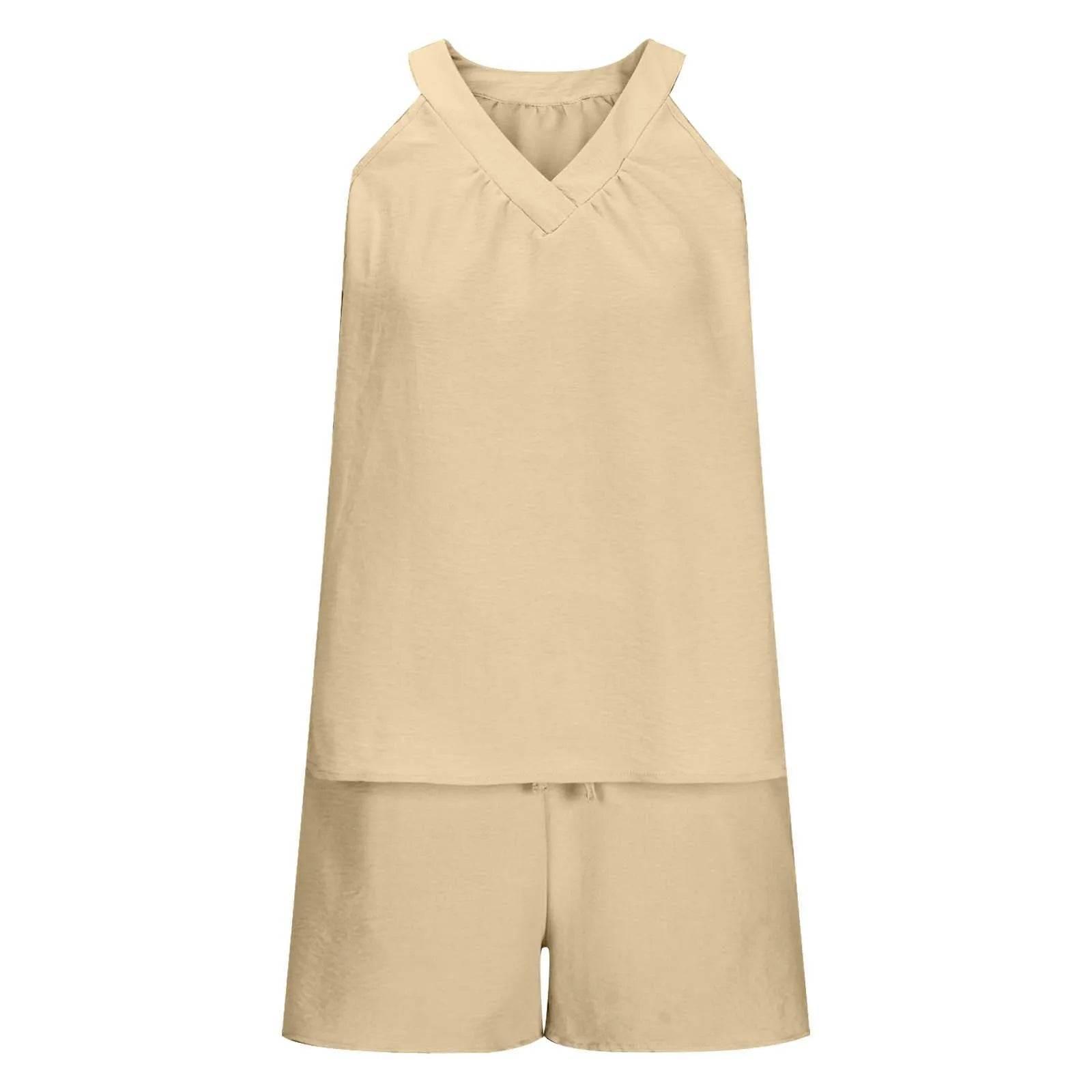 Women'S Summer Casual Suit New Urban Casual Women'S Solid Color Sleeveless Vest Elastic Shorts Home Clothes Two-Piece Set - Empire P.E