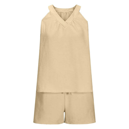 Women'S Summer Casual Suit New Urban Casual Women'S Solid Color Sleeveless Vest Elastic Shorts Home Clothes Two-Piece Set - Empire P.E