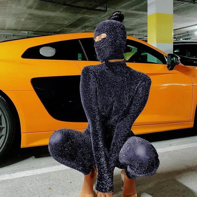 Sequins Silk Jumpsuits With Headwear 2024 Autumn Women Sexy Turtleneck Backless Long Sleeve Skinny Overalls Party Club Rompers - Empire P.E